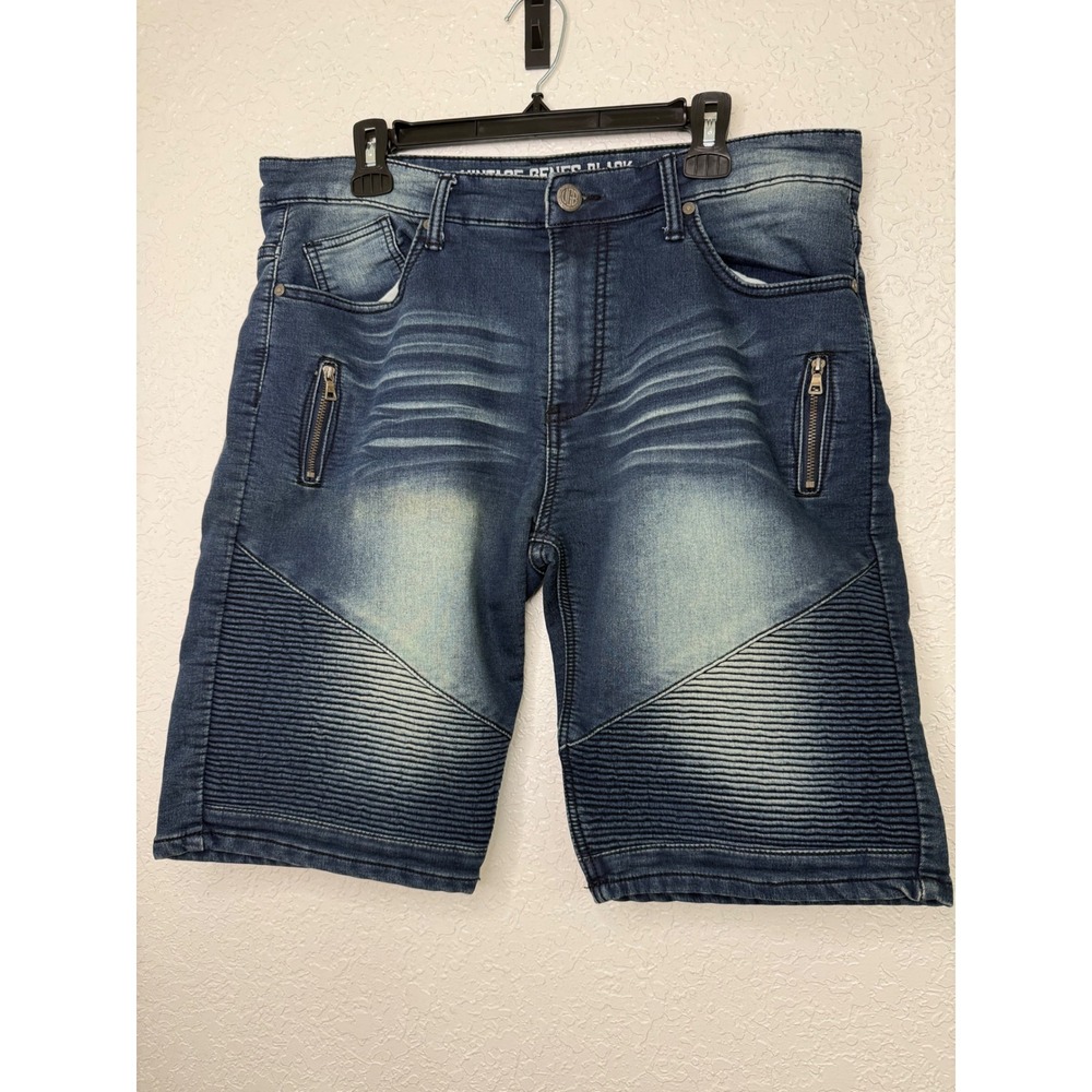 Vintage Genes Black Mens Blue Moto Denim Shorts Slim Straight Size 36 Biker Edgy
